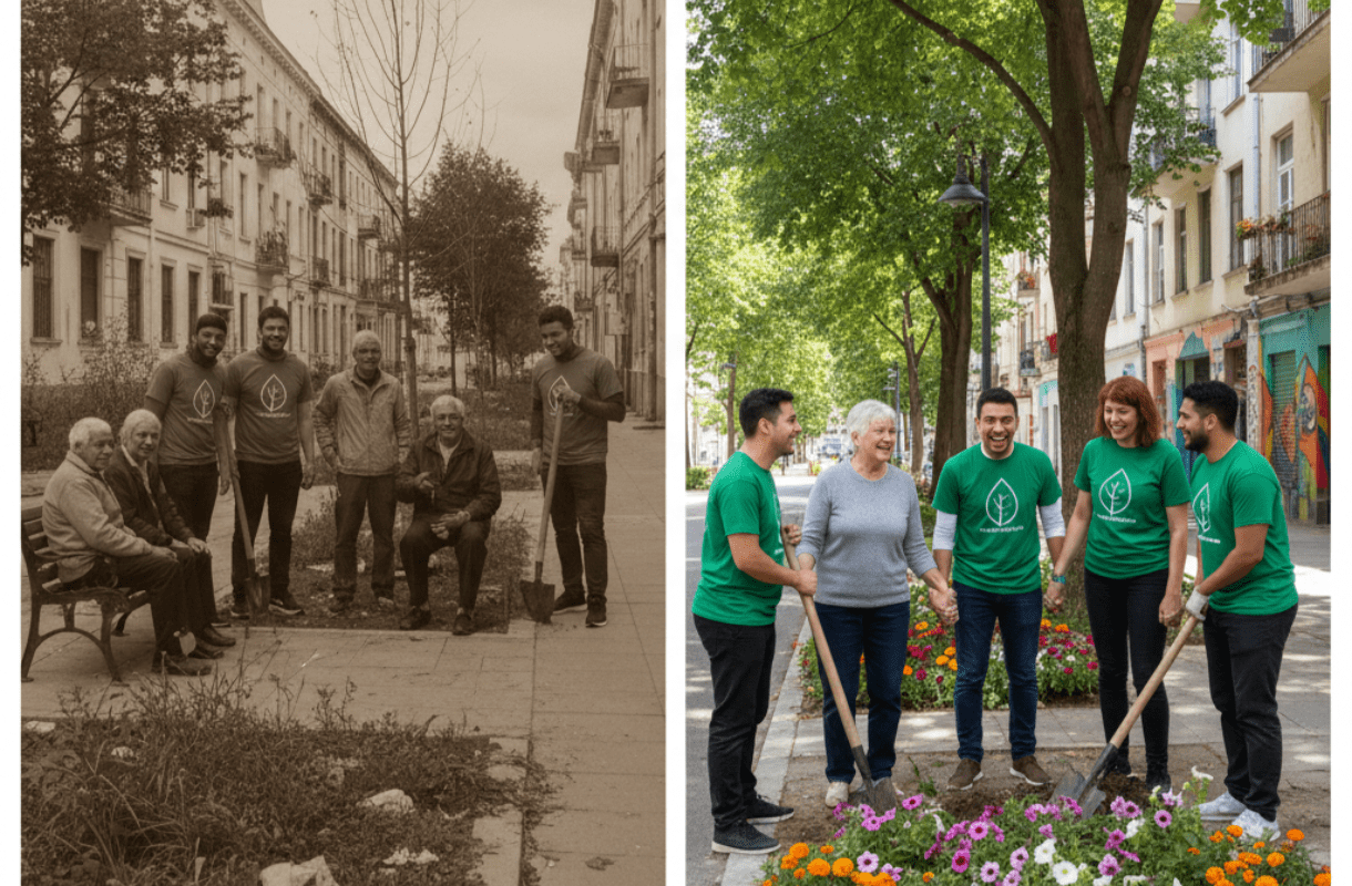 Then and now: people enjoying a tree-lined street and planting flowers.