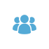 Blue icon of three people inside a white circle on a gray background.
